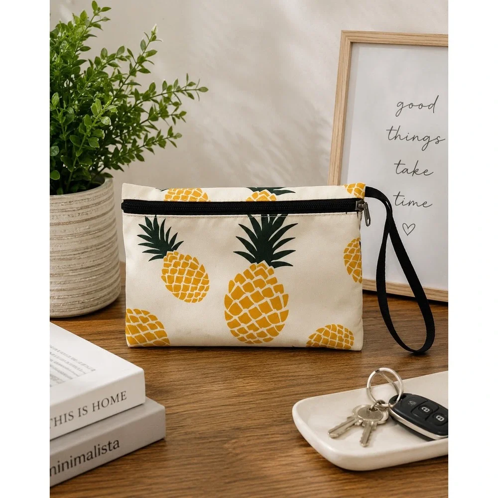 Pineapple Print Canvas Wristlet Pouch Zipper Makeup Travel Bag Cream Yellow